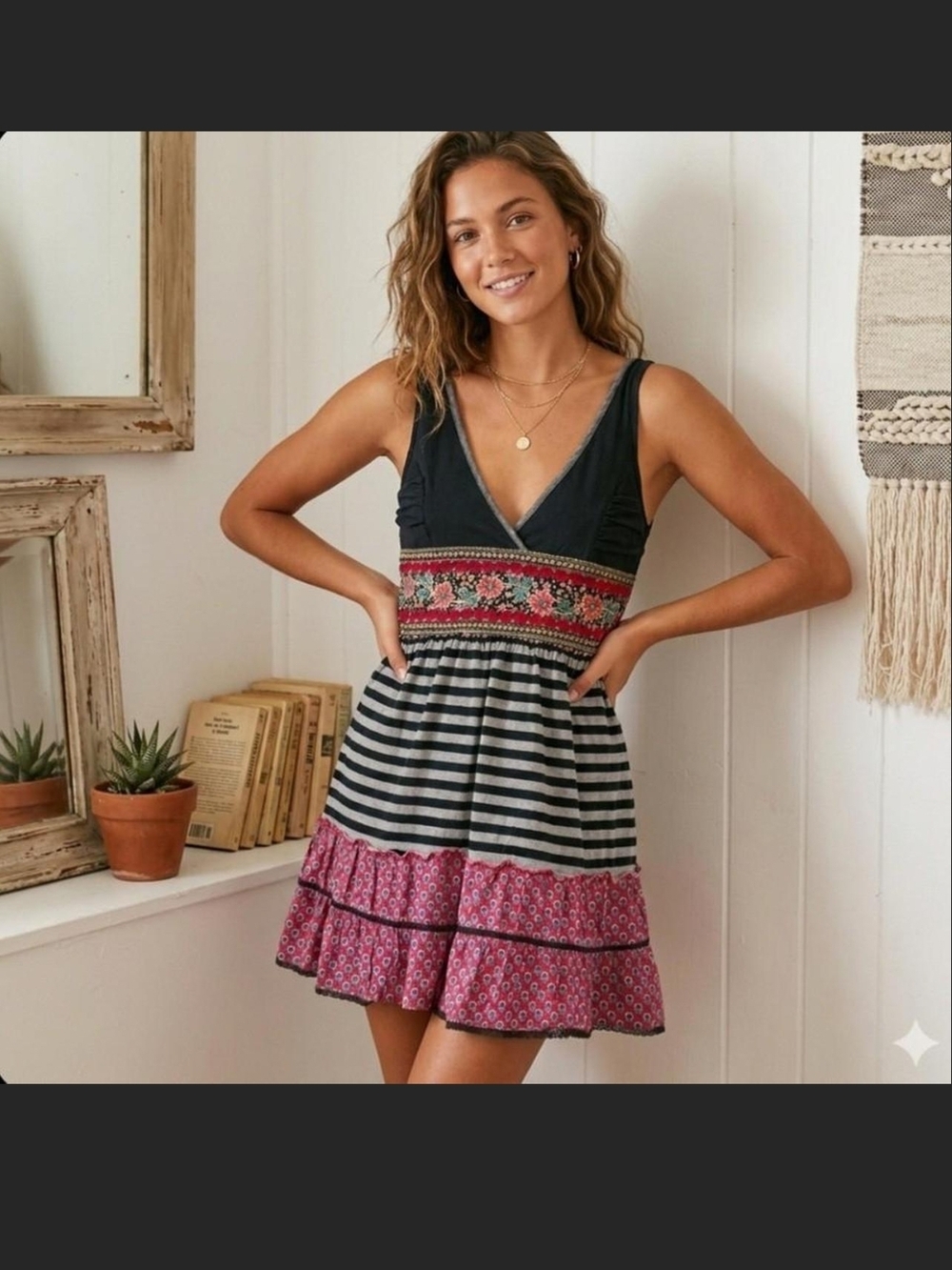 Free People Black and Pink V-Neck Mixed-Print Mini Dress
